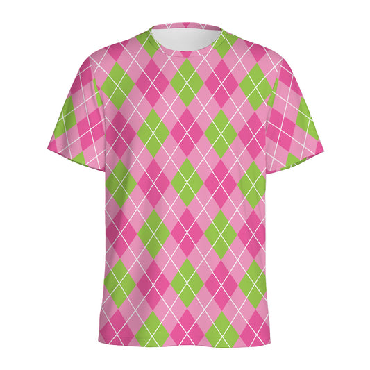 Pink And Green Argyle Pattern Print Men's Sports T-Shirt