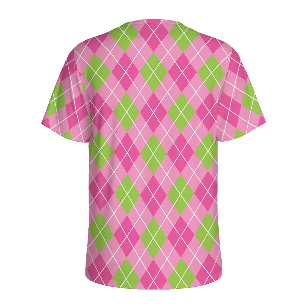 Pink And Green Argyle Pattern Print Men's Sports T-Shirt