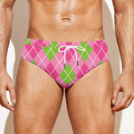 Pink And Green Argyle Pattern Print Men's Swim Briefs