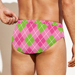 Pink And Green Argyle Pattern Print Men's Swim Briefs