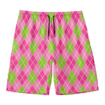 Pink And Green Argyle Pattern Print Men's Swim Trunks
