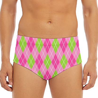 Pink And Green Argyle Pattern Print Men's Triangle Swim Briefs