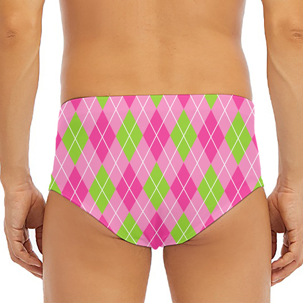 Pink And Green Argyle Pattern Print Men's Triangle Swim Briefs