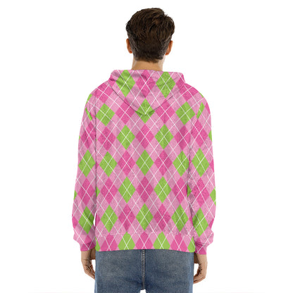 Pink And Green Argyle Pattern Print Men's Velvet Pullover Hoodie
