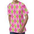 Pink And Green Argyle Pattern Print Men's Velvet T-Shirt