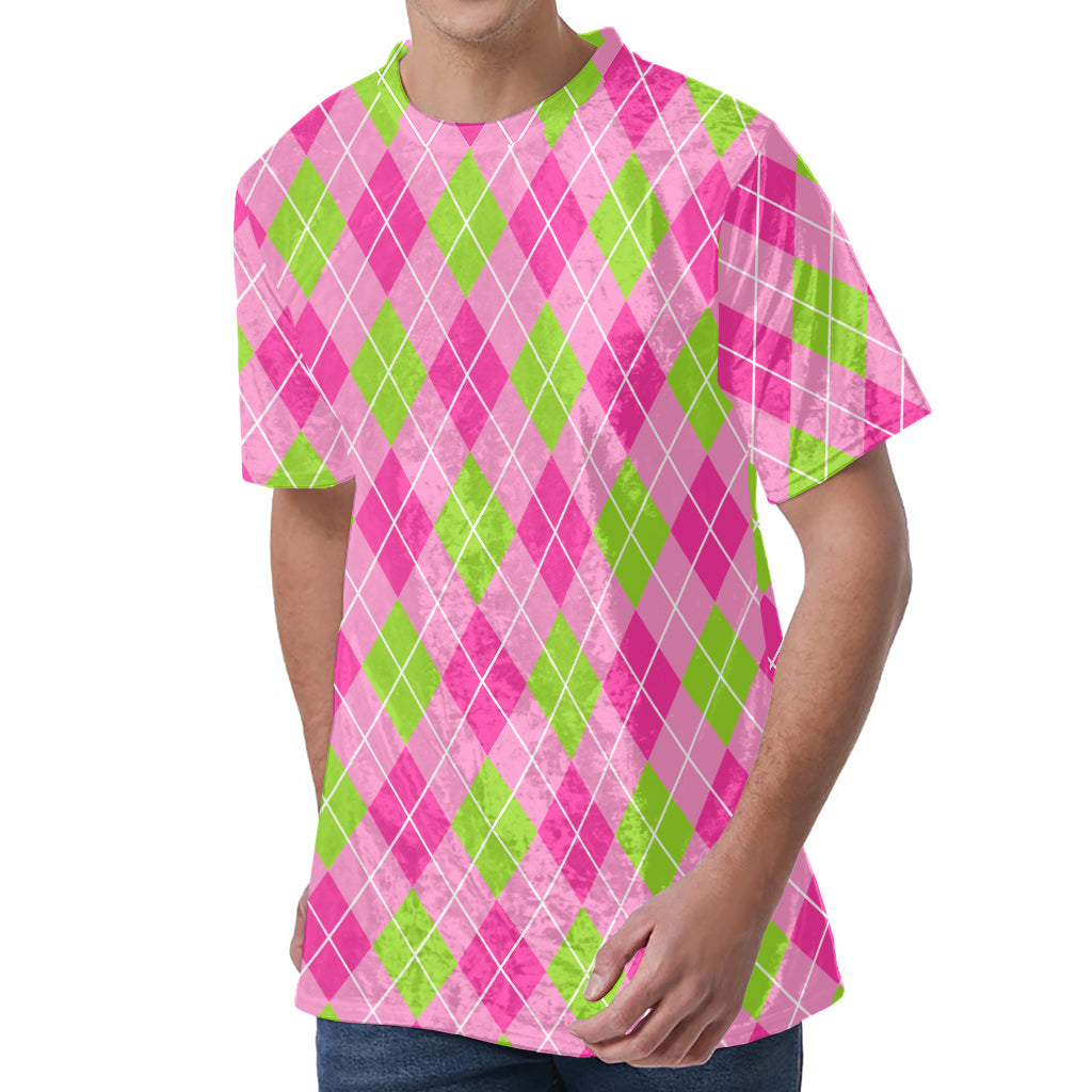 Pink And Green Argyle Pattern Print Men's Velvet T-Shirt