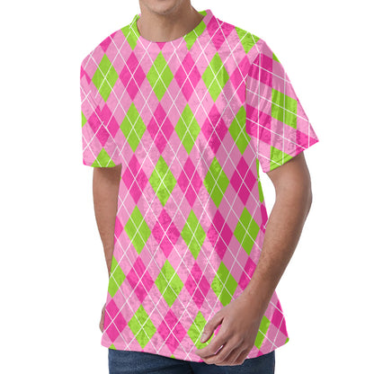 Pink And Green Argyle Pattern Print Men's Velvet T-Shirt