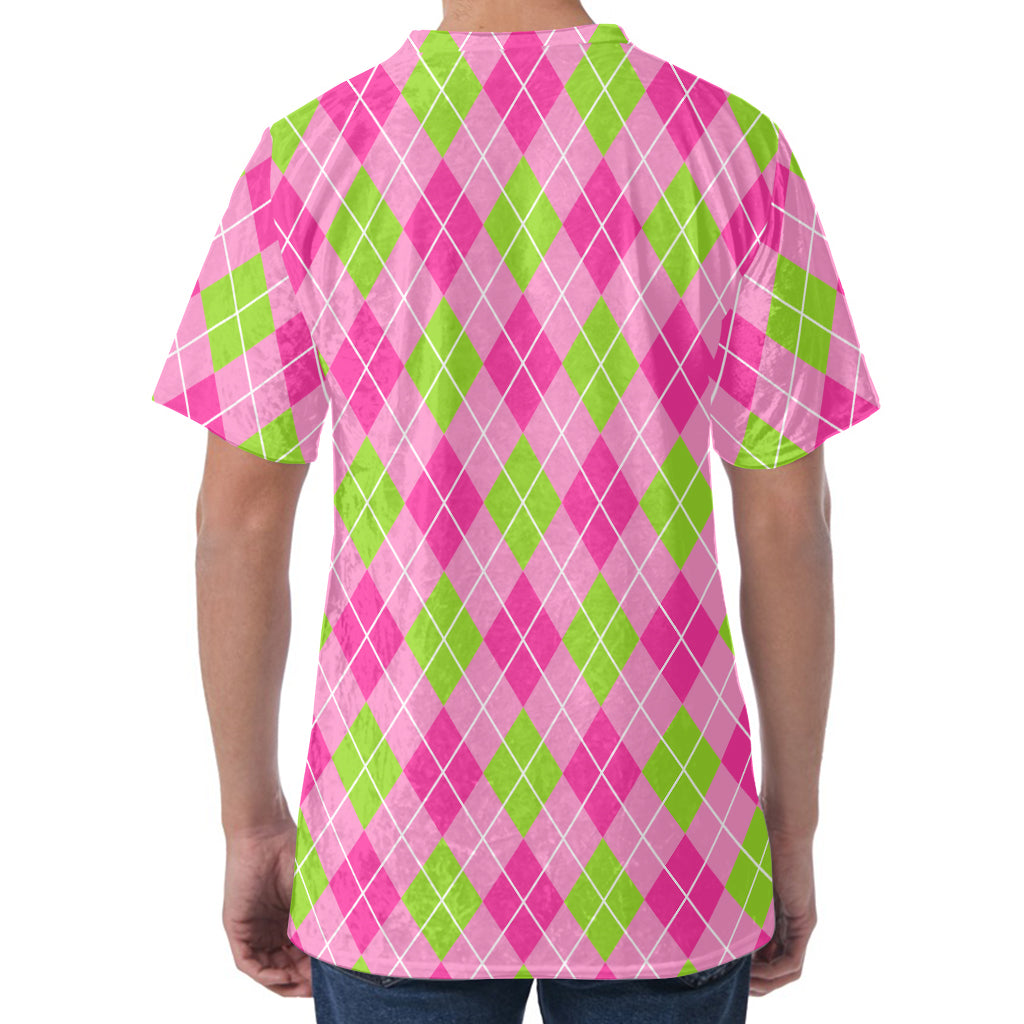 Pink And Green Argyle Pattern Print Men's Velvet T-Shirt