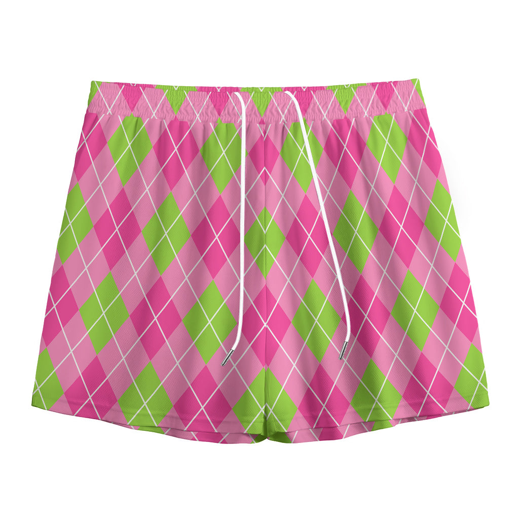 Pink And Green Argyle Pattern Print Mesh Shorts