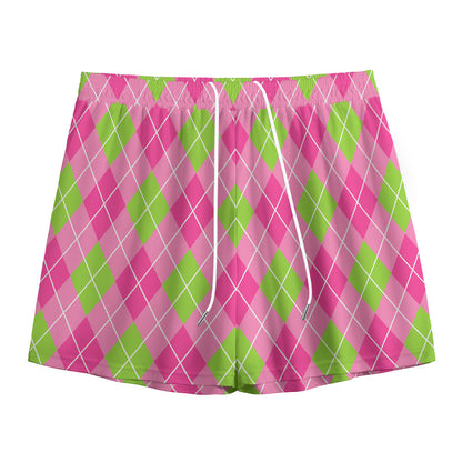 Pink And Green Argyle Pattern Print Mesh Shorts