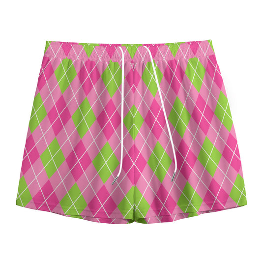 Pink And Green Argyle Pattern Print Mesh Shorts