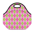 Pink And Green Argyle Pattern Print Neoprene Lunch Bag
