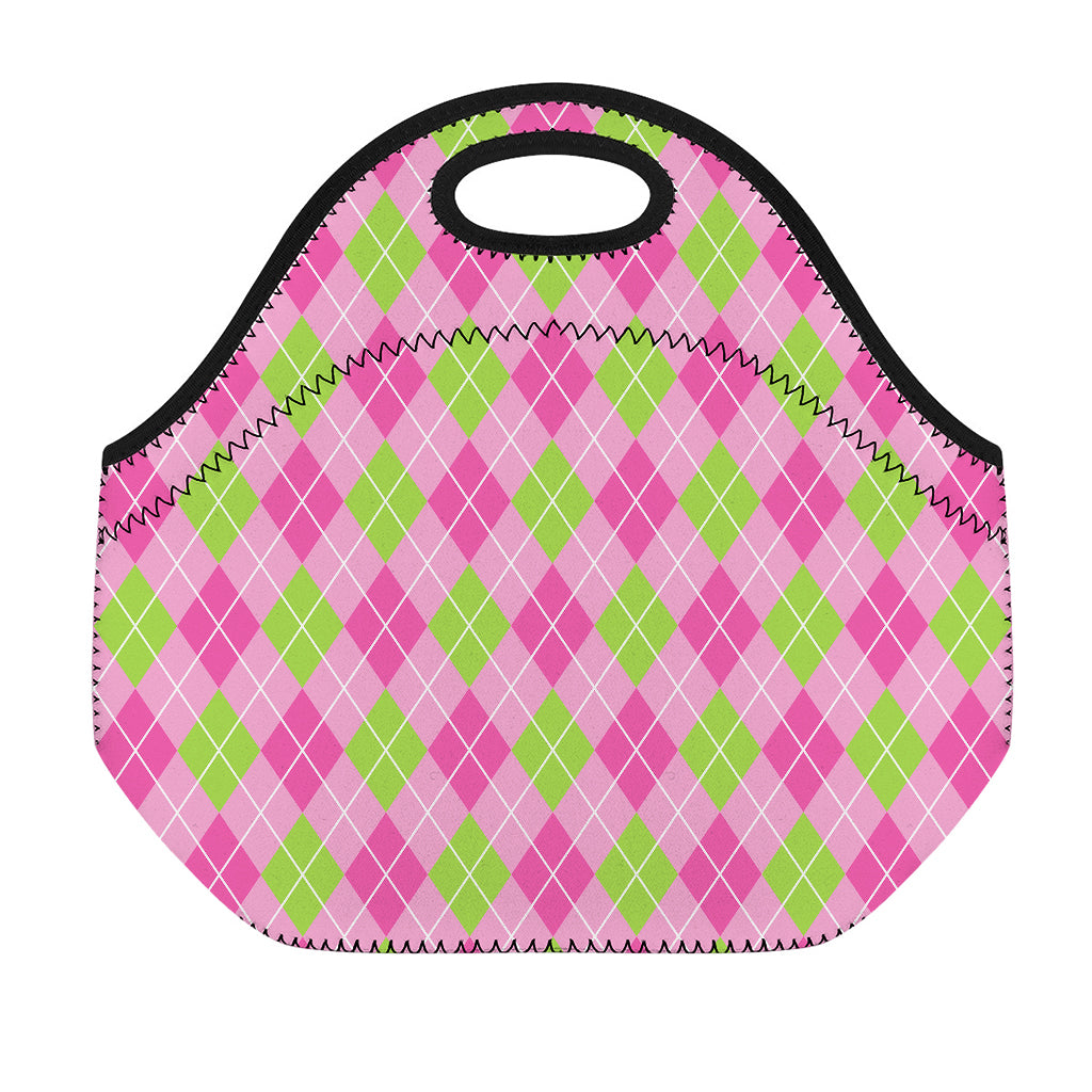 Pink And Green Argyle Pattern Print Neoprene Lunch Bag