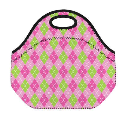 Pink And Green Argyle Pattern Print Neoprene Lunch Bag