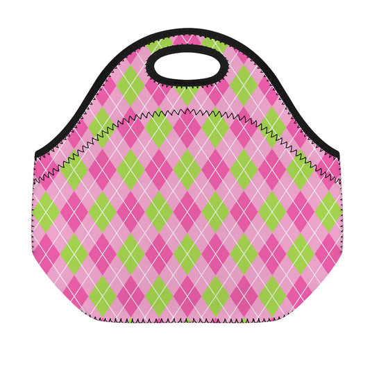 Pink And Green Argyle Pattern Print Neoprene Lunch Bag