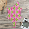 Pink And Green Argyle Pattern Print One Shoulder Bodysuit