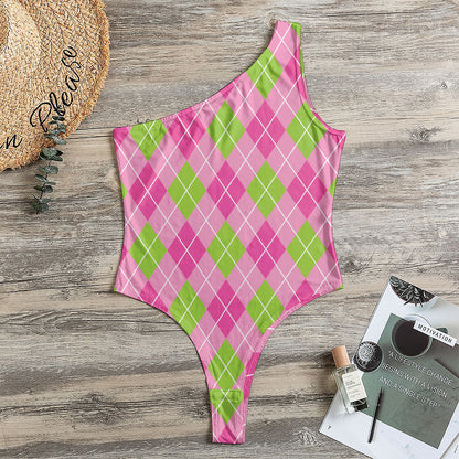 Pink And Green Argyle Pattern Print One Shoulder Bodysuit