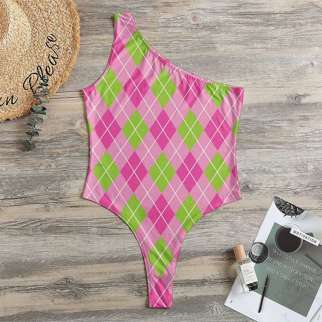 Pink And Green Argyle Pattern Print One Shoulder Bodysuit