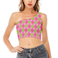 Pink And Green Argyle Pattern Print One Shoulder Crop Top