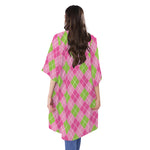 Pink And Green Argyle Pattern Print Open Front Beach Cover Up