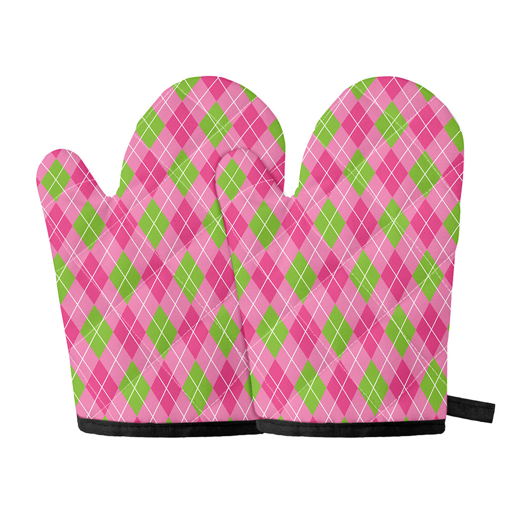 Pink And Green Argyle Pattern Print Oven Mitts