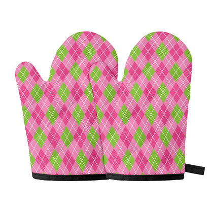 Pink And Green Argyle Pattern Print Oven Mitts