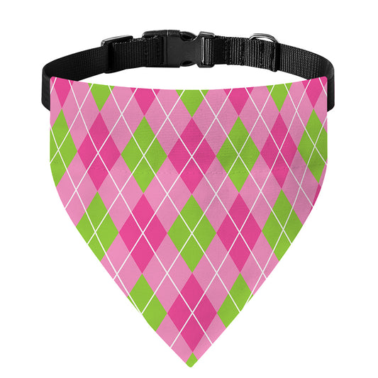 Pink And Green Argyle Pattern Print Over The Collar Dog Bandana