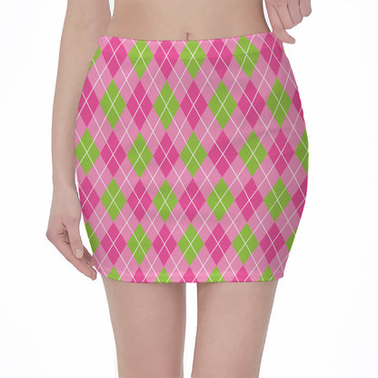 Pink And Green Argyle Pattern Print Pencil Mini Skirt