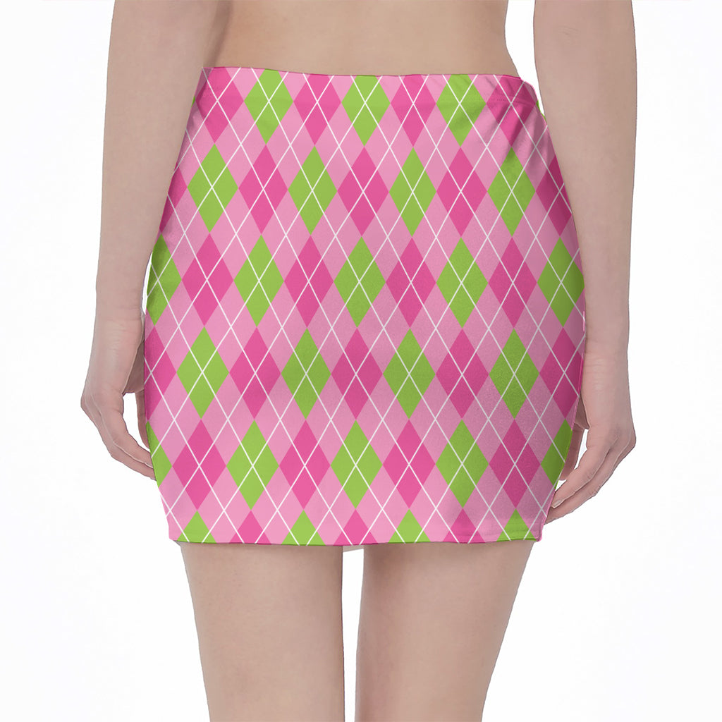 Pink And Green Argyle Pattern Print Pencil Mini Skirt