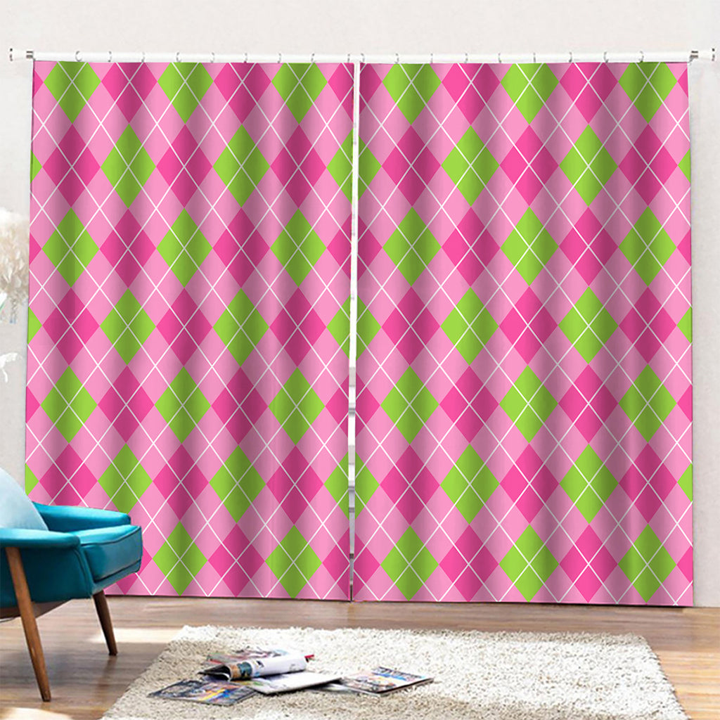 Pink And Green Argyle Pattern Print Pencil Pleat Curtains