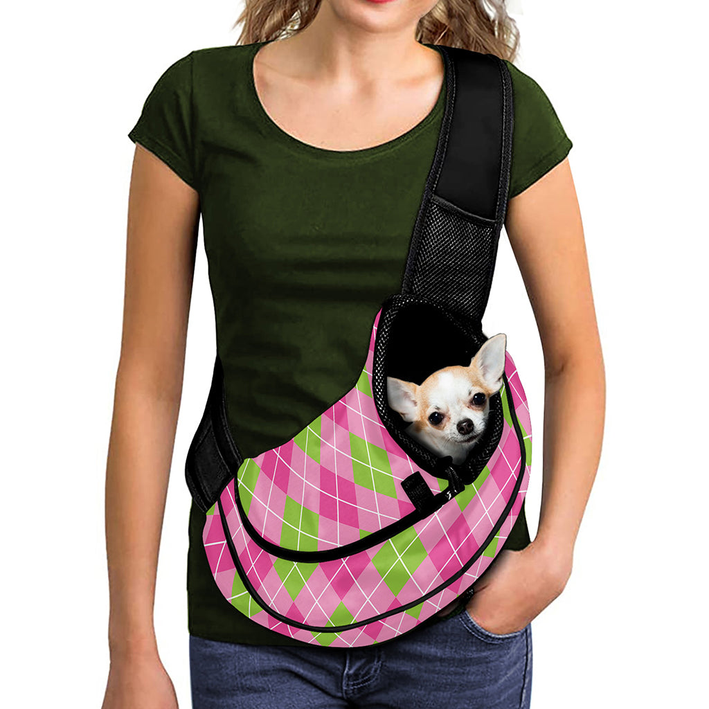 Pink And Green Argyle Pattern Print Pet Sling Carrier
