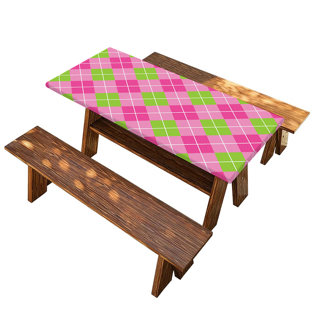 Pink And Green Argyle Pattern Print Picnic Table Cover