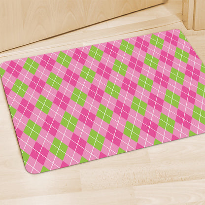 Pink And Green Argyle Pattern Print Polyester Doormat