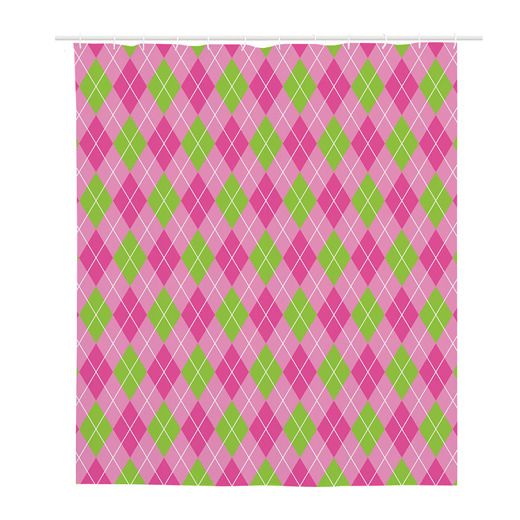 Pink And Green Argyle Pattern Print Polyester Shower Curtain