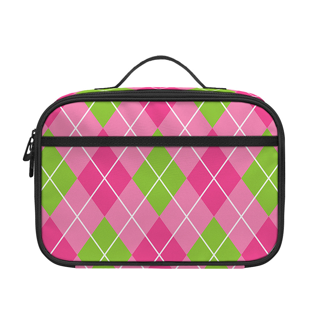 Pink And Green Argyle Pattern Print Portable Lunch Bag