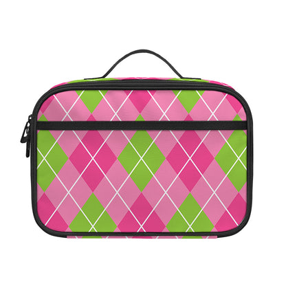 Pink And Green Argyle Pattern Print Portable Lunch Bag
