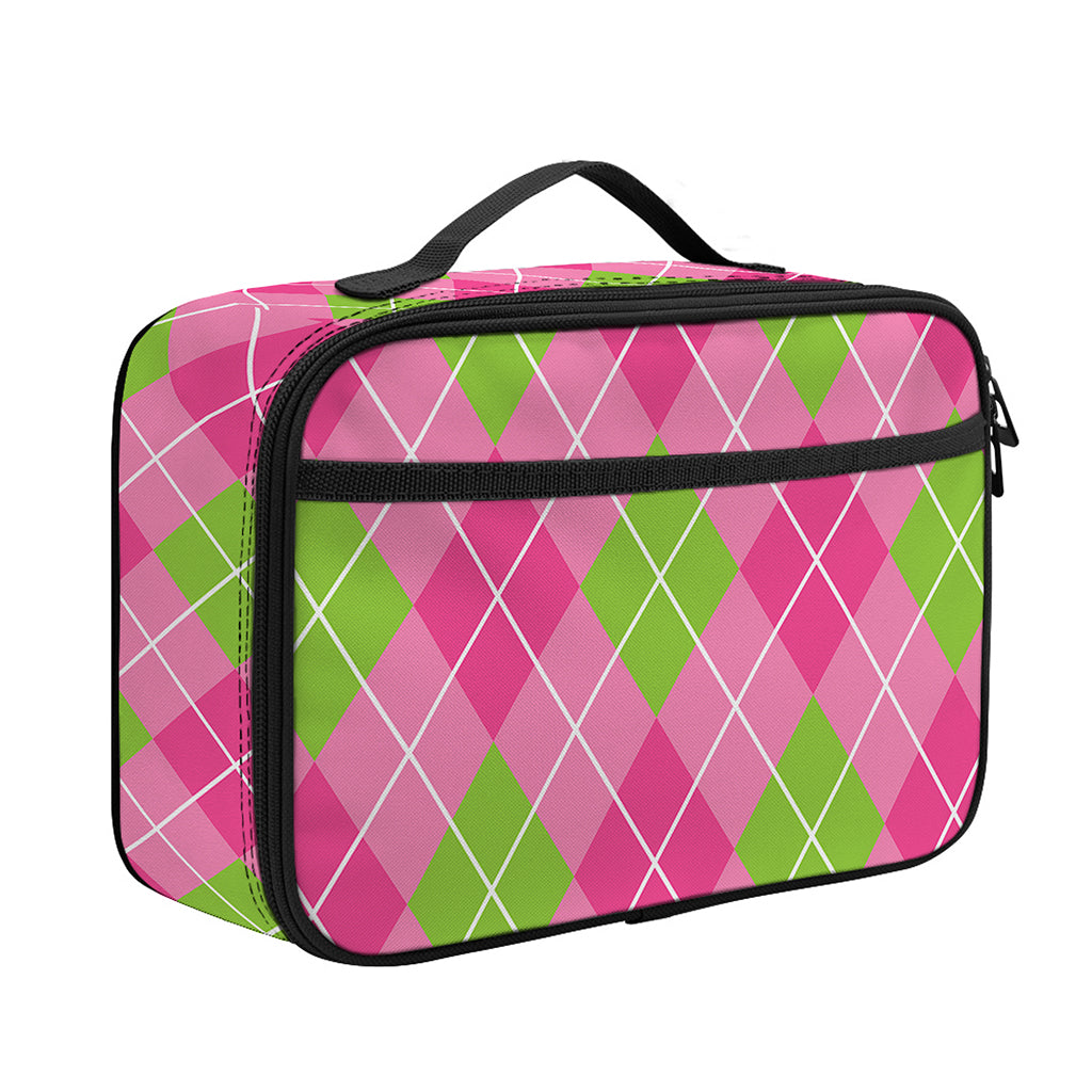 Pink And Green Argyle Pattern Print Portable Lunch Bag