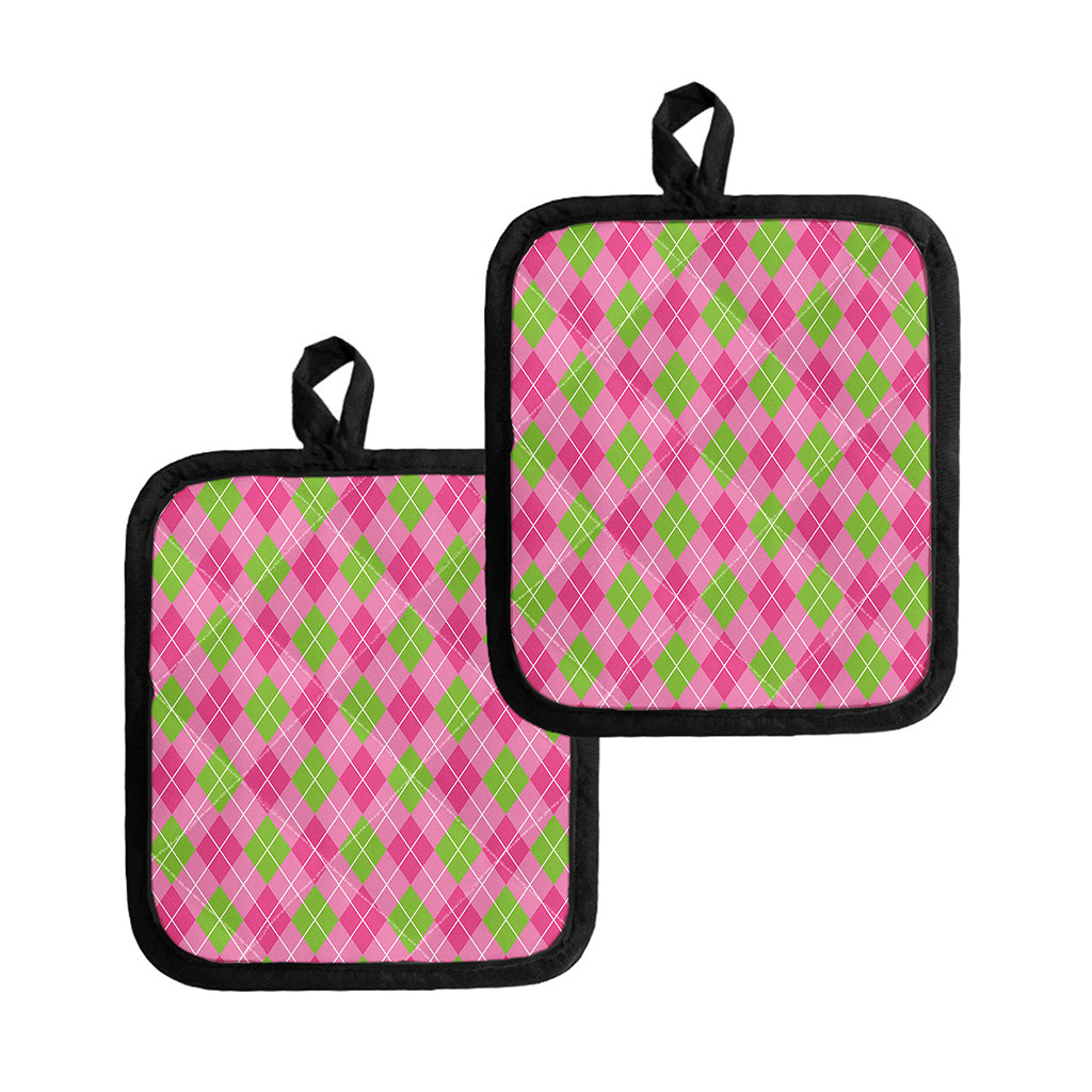 Pink And Green Argyle Pattern Print Pot Holders