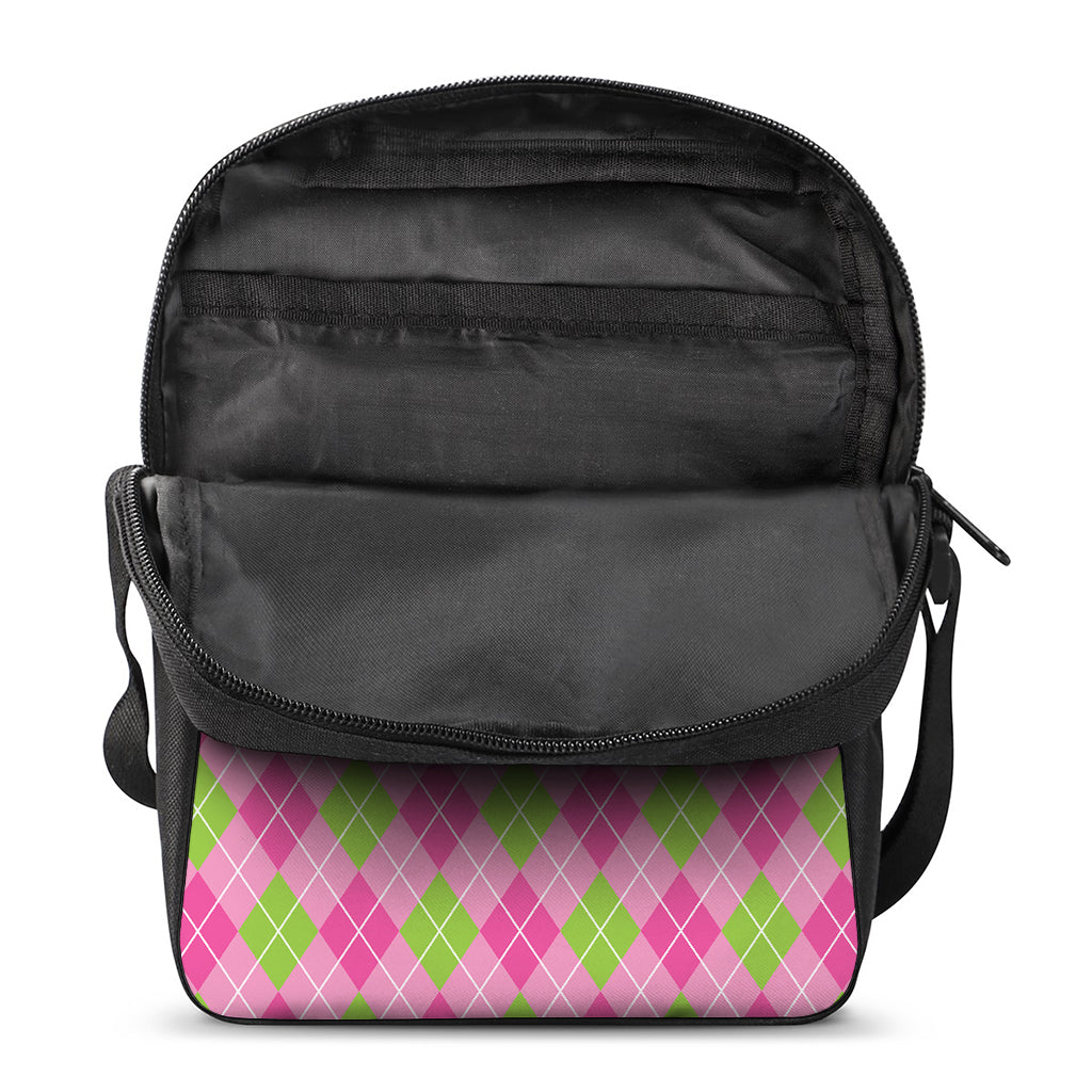 Pink And Green Argyle Pattern Print Rectangular Crossbody Bag