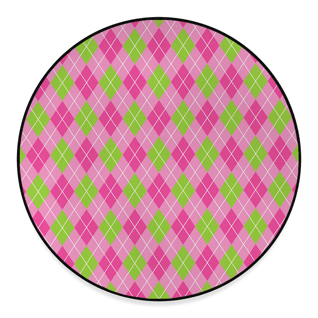 Pink And Green Argyle Pattern Print Round Floor Mat