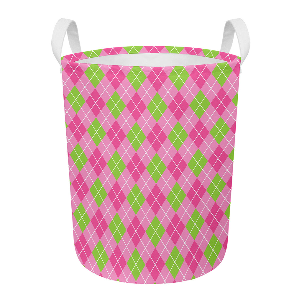 Pink And Green Argyle Pattern Print Round Laundry Basket