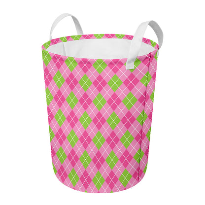 Pink And Green Argyle Pattern Print Round Laundry Basket