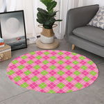 Pink And Green Argyle Pattern Print Round Rug