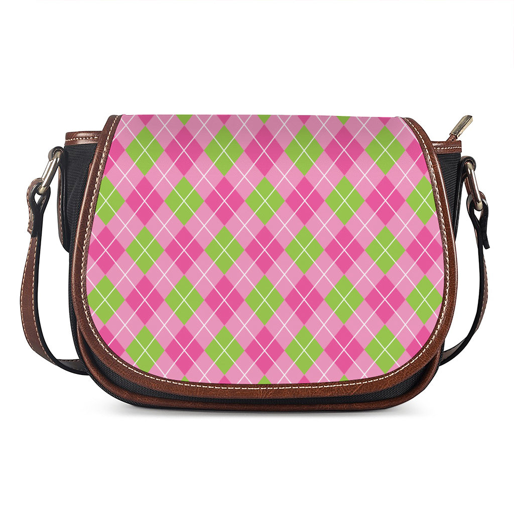 Pink And Green Argyle Pattern Print Saddle Bag