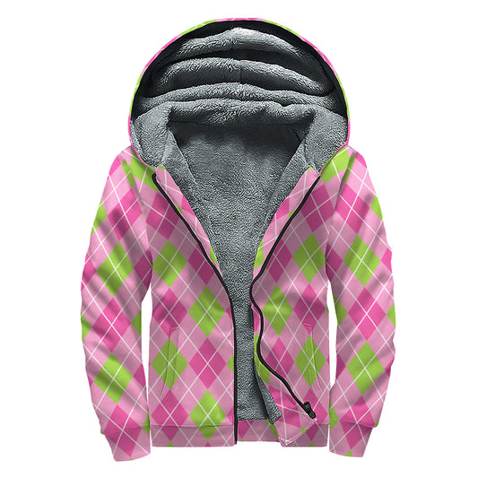 Pink And Green Argyle Pattern Print Sherpa Lined Zip Up Hoodie