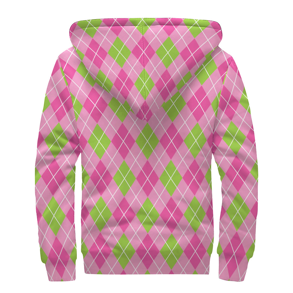 Pink And Green Argyle Pattern Print Sherpa Lined Zip Up Hoodie