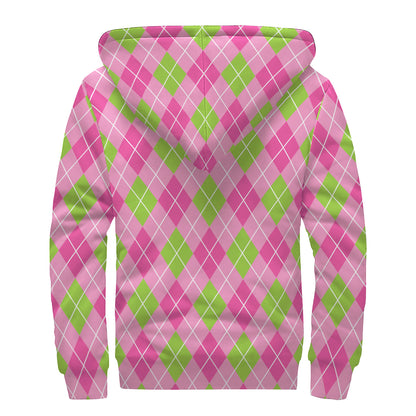 Pink And Green Argyle Pattern Print Sherpa Lined Zip Up Hoodie