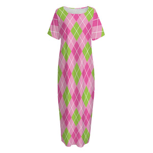 Pink And Green Argyle Pattern Print Short Sleeve Long Nightdress