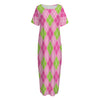 Pink And Green Argyle Pattern Print Short Sleeve Long Nightdress