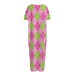 Pink And Green Argyle Pattern Print Short Sleeve Long Nightdress